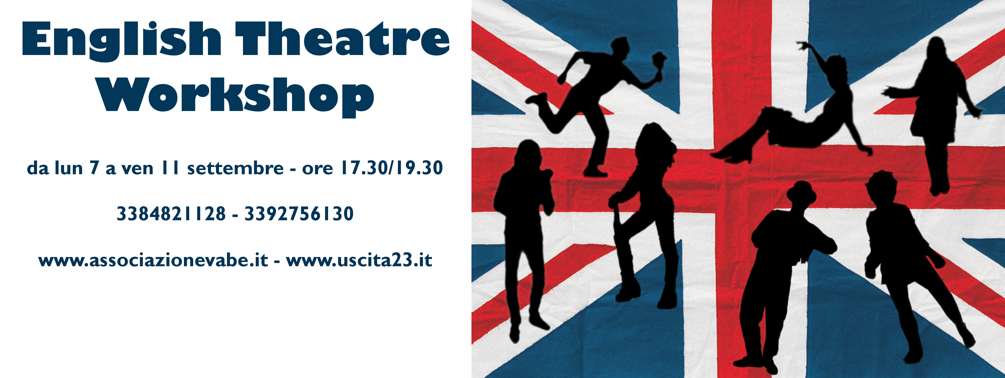 banner di presentazione del corso English theatre workshop_dettagli  corso_bandiera britannica con silhouette nere che richiamano azioni sceniche